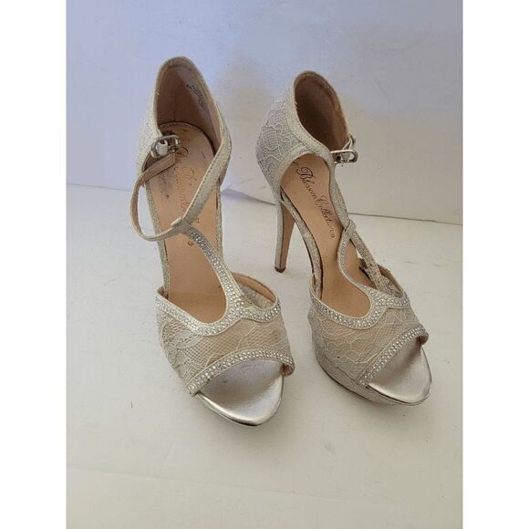De Blossom Collection Women's Silver Rhinestones Lace T-Strap Stiletto Heel Sz 6 - Picture 1 of 5